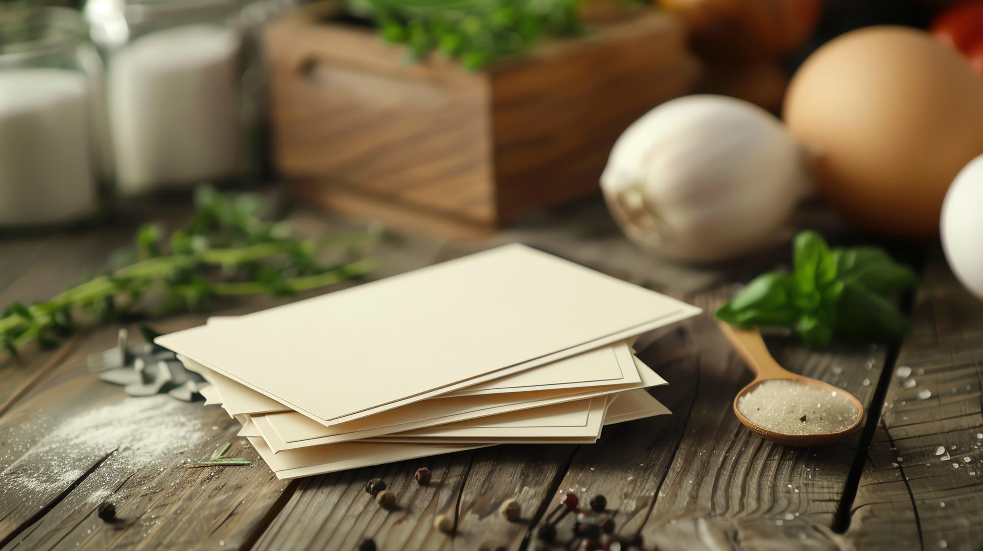 Stacked recipe booklets and subscription card